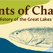 Graphic with wavy lines, fish illustration, and text that says Exhibit Title, Currents of Change.