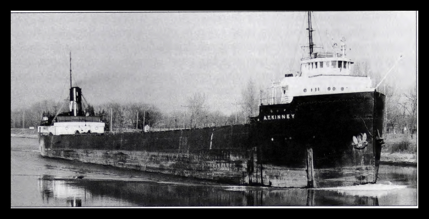 Black and white photo of the A.T. Kinney, full ship in view.